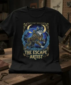 Black t-shirt with "The Escape Artist" text and a steampunk husky illustration in a starry night setting