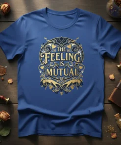 The Feeling Is Mutual quote in ornate gold lettering on a blue t-shirt, featuring decorative swirls and hands