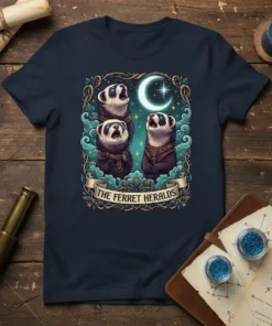 The Ferret Heralds T-Shirt design featuring three ferrets howling at a crescent moon with stars and clouds, framed by decorative