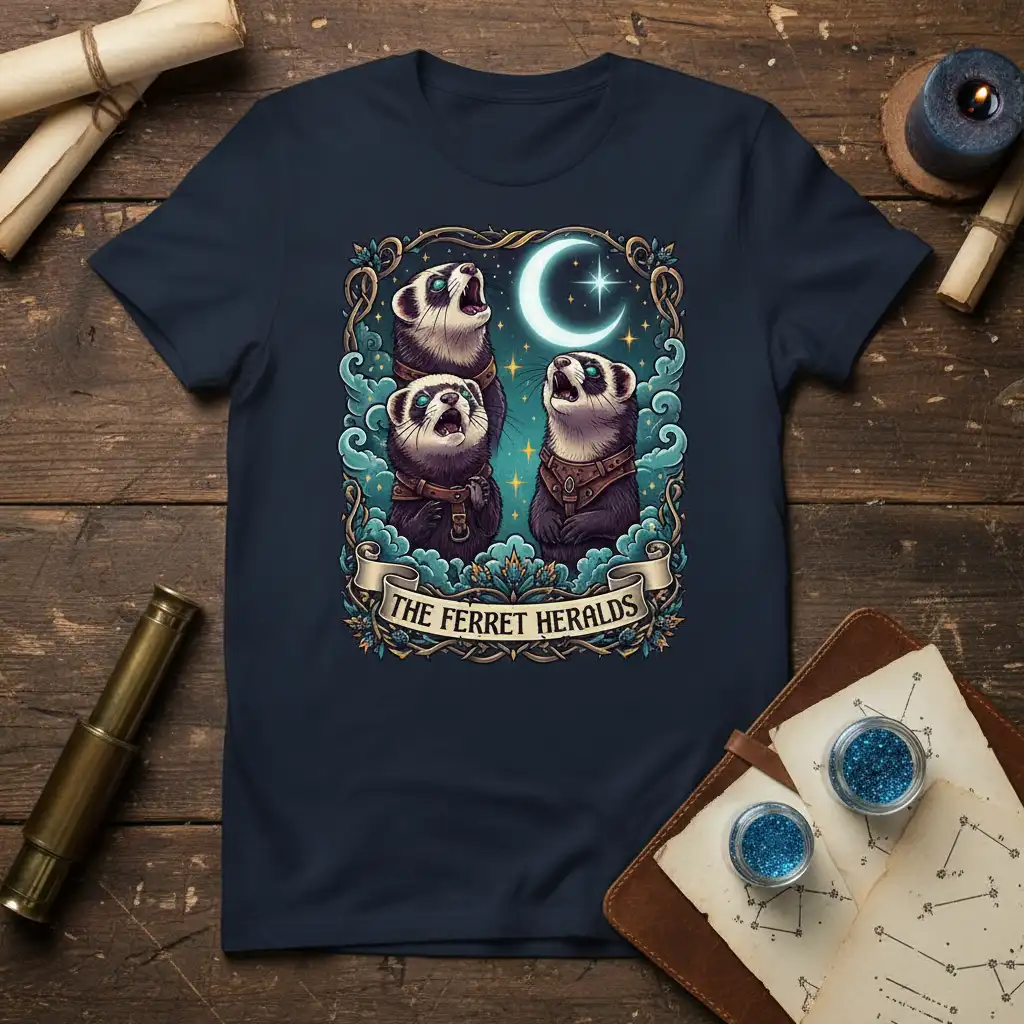 The Ferret Heralds design with three howling ferrets under a crescent moon, celestial theme graphic tee