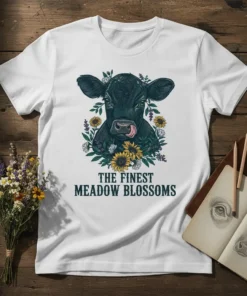 The Finest Meadow Blossoms t-shirt featuring a black cow with sunflowers and lavender flowers, graphic design