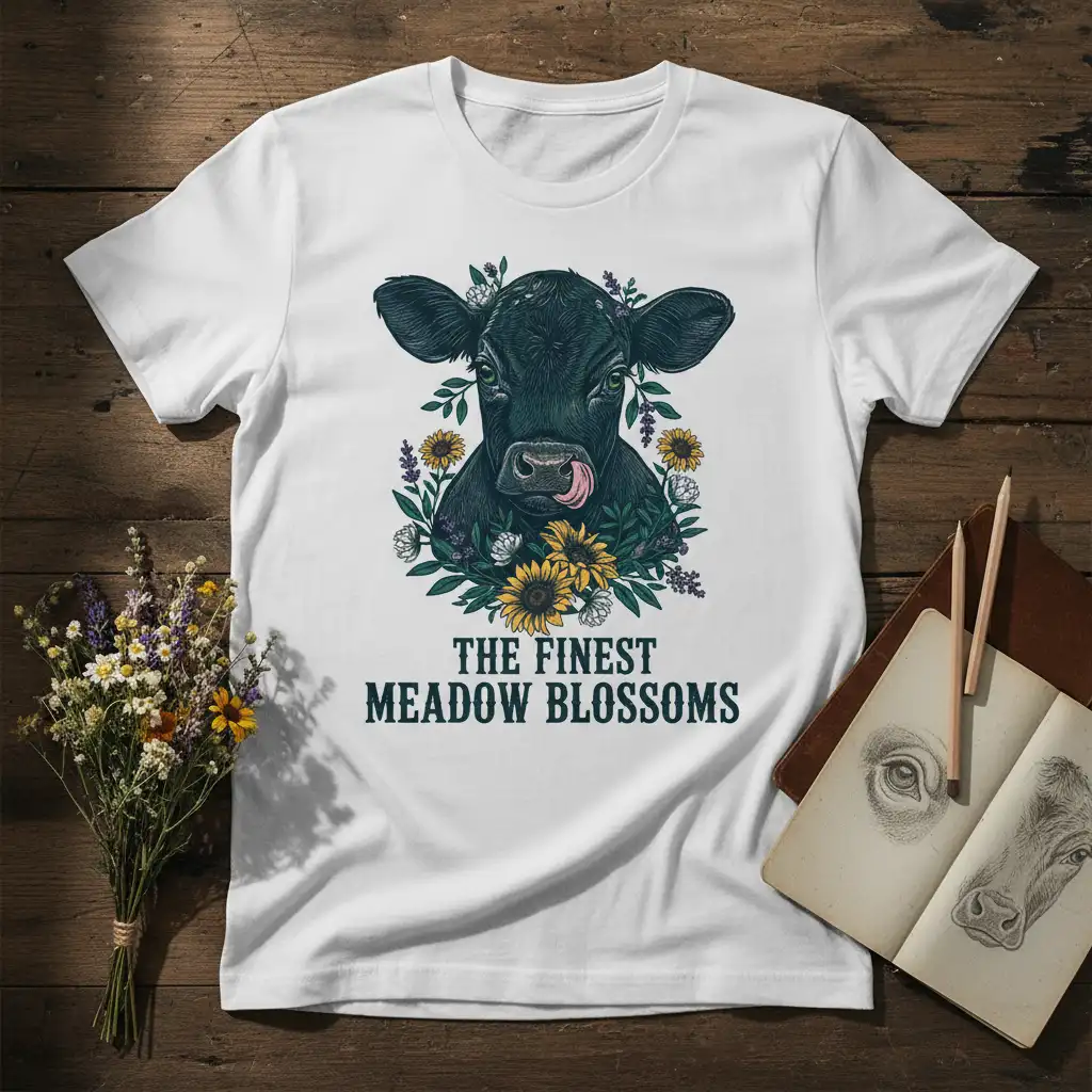 The Finest Meadow Blossoms quote on a t-shirt with a detailed black cow and floral wreath design