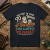 T-shirt design with text "The first 70 years of childhood are always the hardest" featuring a vintage man holding a