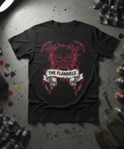 The Flannels band logo t-shirt featuring a pink skull with crossed axes and a banner