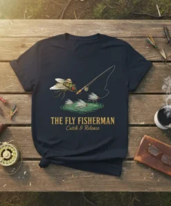 The Fly Fisherman Catch & Release quote on a dark navy t-shirt, featuring a graphic of flies and a fishing