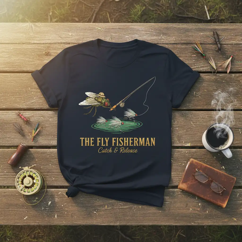 The Fly Fisherman Catch & Release quote with fly fishing illustration on a navy blue t-shirt