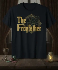 The Frogfather t-shirt design featuring a dapper frog smoking a cigar, with ornate golden text