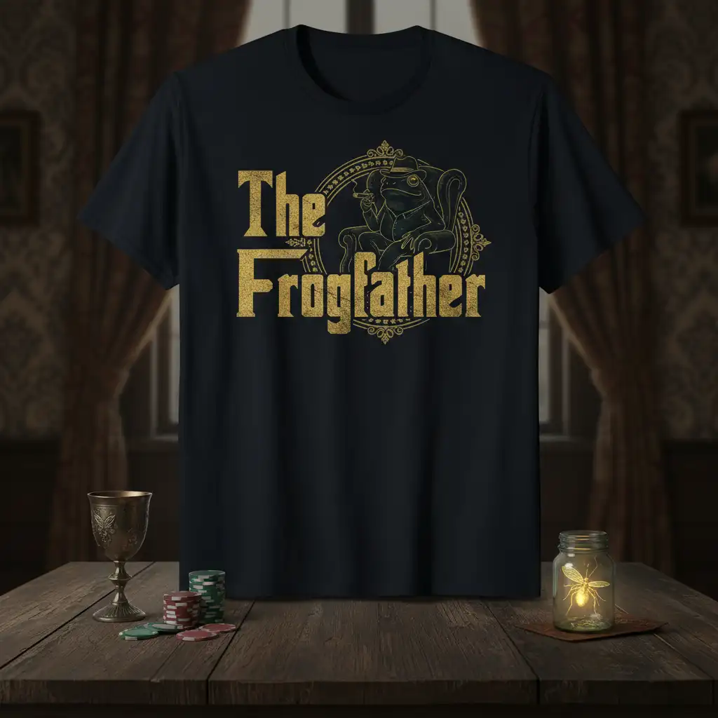 The Frogfather quote t-shirt featuring a formal frog graphic and golden distressed text
