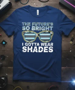 T-shirt with text "THE FUTURE'S SO BRIGHT I GOTTA WEAR SHADES" above a graphic of stylized sunglasses