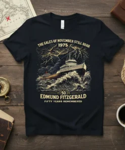 Black t-shirt featuring "The Gales of November Still Roar 1975 Edmund Fitzgerald Fifty Years Remembered" text and a dramatic illustration
