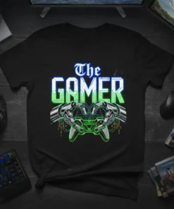 The GAMER t-shirt with robotic hands holding a video game controller and neon text