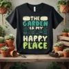 The Garden Is My Happy Place quote t-shirt with succulent and cactus graphics, featuring distressed typography in green and yellow