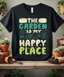 The Garden Is My Happy Place quote t-shirt with succulent and cactus graphics, featuring distressed typography in green and yellow