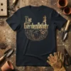 The Gardenfather t-shirt design featuring the text "The Gardenfather" with a silhouette of a gardener and floral accents