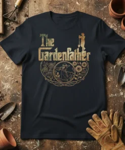 The Gardenfather t-shirt design featuring the text "The Gardenfather" with a silhouette of a gardener and floral accents