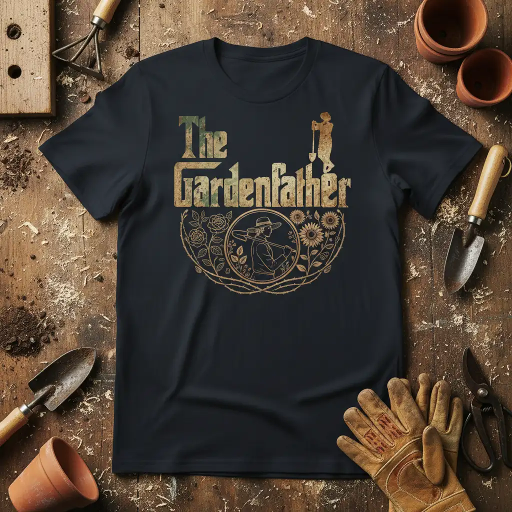 The Gardenfather text design with gardener silhouette and floral wreath, perfect for dad