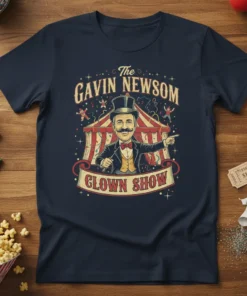 The Gavin Newsom Clown Show t-shirt design featuring a circus tent, a man in a top hat, and circus performers