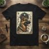 The German Shepherd Mom t-shirt design featuring a realistic portrait of a German Shepherd with floral accents and celestial elements