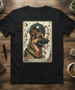 The German Shepherd Mom t-shirt design featuring a realistic portrait of a German Shepherd with floral accents and celestial elements