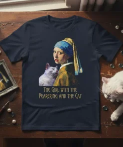 The Girl With The Pearering And The Cat text on a navy t-shirt with a parody of Vermeer's painting featuring
