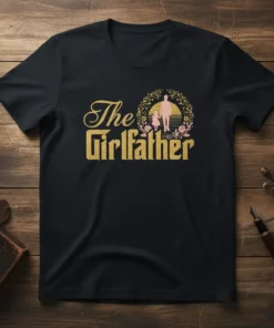 The Girlfather text with silhouette of father and daughter, framed by floral wreath, on a black t-shirt