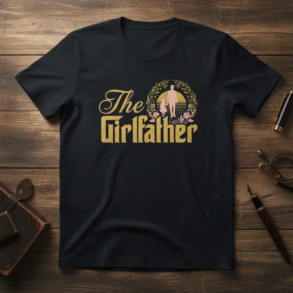 The Girlfather design featuring a father and daughter silhouette within a floral wreath on a t-shirt