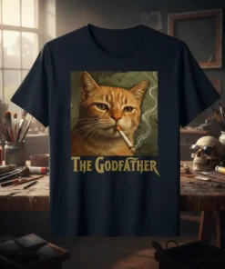 The Godfather cat design featuring an orange tabby cat smoking a cigarette with "The Godfather" text below