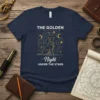 The Golden Night Under The Stars t-shirt design featuring a golden retriever sitting under a celestial night sky with moons