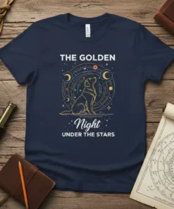 The Golden Night Under The Stars t-shirt design featuring a golden retriever sitting under a celestial night sky with moons