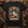 The Good Shepherd T-Shirt design showing Jesus holding a lamb with wolves around him, religious art style