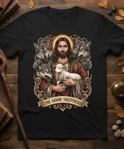 The Good Shepherd T-Shirt design showing Jesus holding a lamb with wolves around him, religious art style