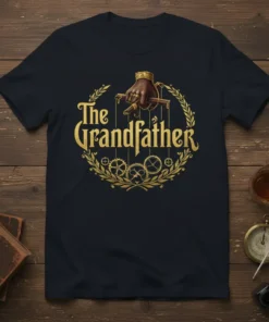 The Grandfather t-shirt with ornate golden text and a puppet hand graphic, symbolizing wisdom and guidance
