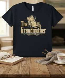 The Grandmother t-shirt design featuring vintage typography and an illustration of a grandmother sitting in a chair with a teacup