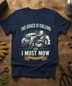 The Grass Is Calling And I Must Mow quote on a navy t-shirt with a graphic of a riding lawn