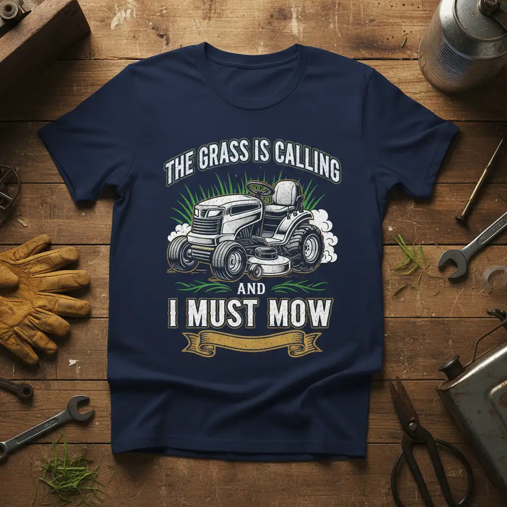 The Grass Is Calling And I Must Mow quote with riding lawn mower graphic on a navy shirt