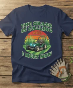 The Grass Is Calling And I Must Mow t-shirt with a lawn mower graphic and sunset background
