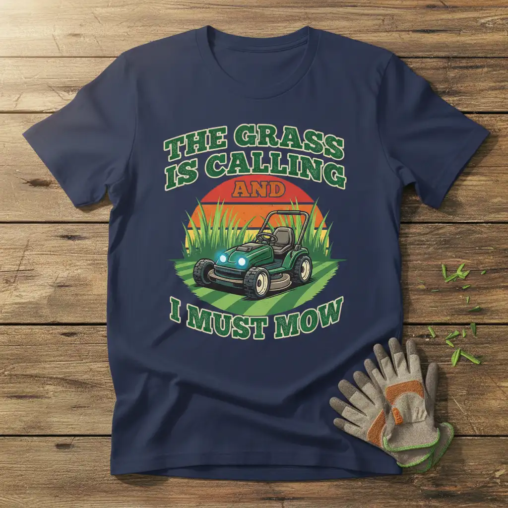The Grass Is Calling And I Must Mow quote with lawn mower illustration and sunset graphic on a navy t-shirt