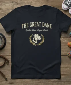 Great Dane t-shirt with "THE GREAT DANE Gentle Giant, Loyal Heart" text and dog portrait in laurel wreath