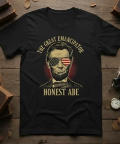 The Great Emancipator Honest Abe T-Shirt design with Abraham Lincoln wearing American flag sunglasses