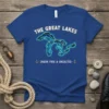 Blue t-shirt with "The Great Lakes Shark Free & Unsalted" text and a glowing map of the Great Lakes graphic