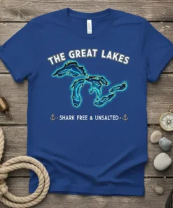 Blue t-shirt with "The Great Lakes Shark Free & Unsalted" text and a glowing map of the Great Lakes graphic
