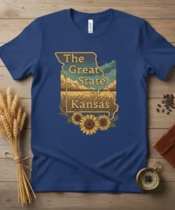 The Great State of Kansas t-shirt design featuring state outline, sunflowers, and wheat fields