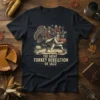 The Great Turkey Rebellion of 1622 text on a navy t-shirt featuring a historical illustration of turkeys rebelling against a