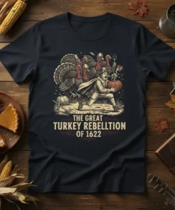 The Great Turkey Rebellion of 1622 text on a navy t-shirt featuring a historical illustration of turkeys rebelling against a