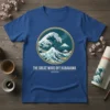 The Great Wave off Kanagawa Hokusai T-Shirt featuring a circular design of a large wave and Mount Fuji, with text