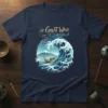The Great Wave Off Kanagawa T-Shirt featuring Hokusai's iconic Japanese art print with a boat and Mount Fuji