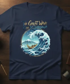 The Great Wave Off Kanagawa T-Shirt featuring Hokusai's iconic Japanese art print with a boat and Mount Fuji