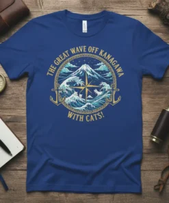 The Great Wave Off Kanagawa With Cats t-shirt design featuring a stylized Japanese wave and Mount Fuji with cats
