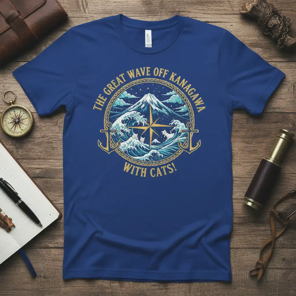 The Great Wave Off Kanagawa With Cats quote on a t-shirt, blending Japanese art with feline figures