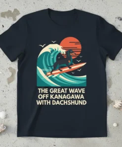 The Great Wave Off Kanagawa With Dachshund graphic t-shirt design featuring a dachshund surfing a wave